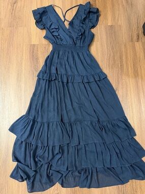 Aqua Navy Maxi Dress with Ruffle Tiers